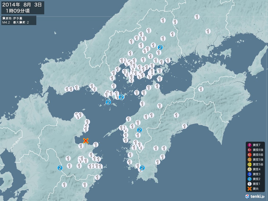 地震情報 2014年08月03日 01時09分頃発生 最大震度：2 震源地：伊予灘(拡大画像)