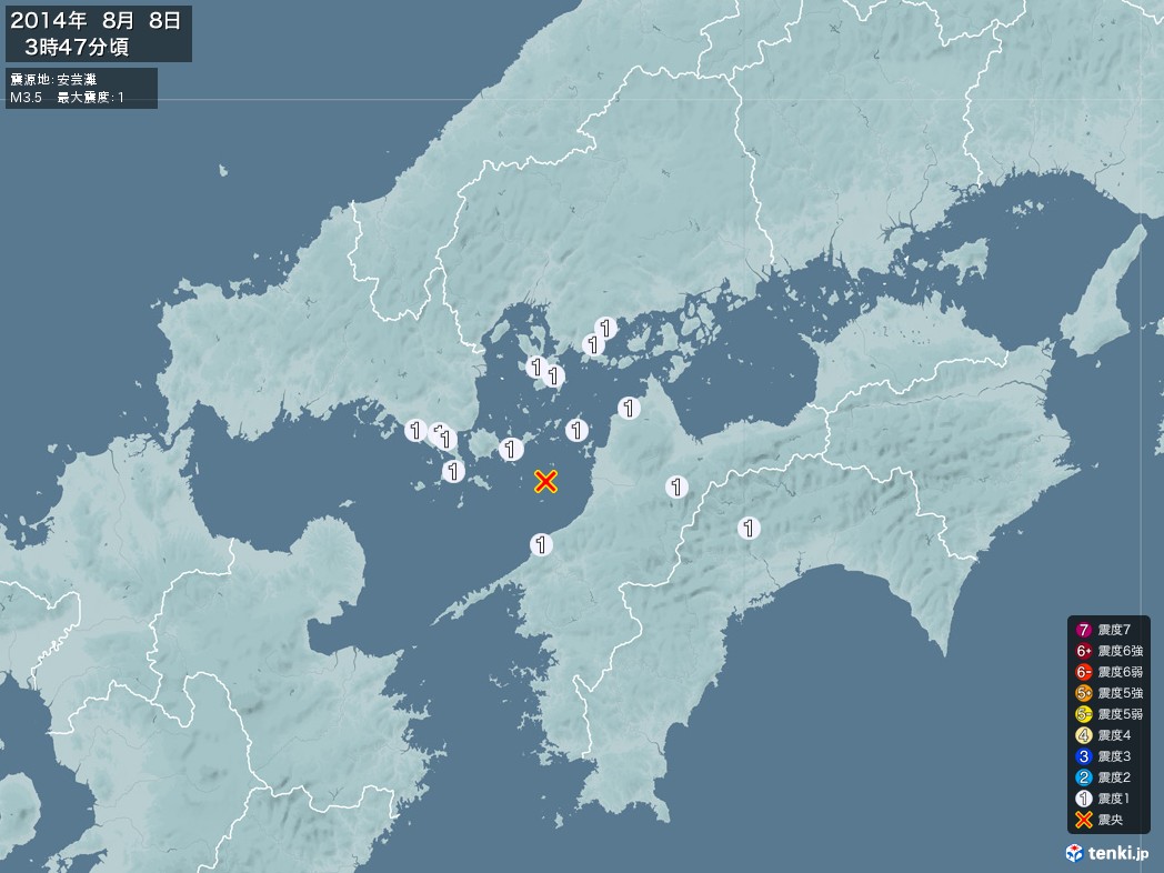 地震情報 2014年08月08日 03時47分頃発生 最大震度：1 震源地：安芸灘(拡大画像)