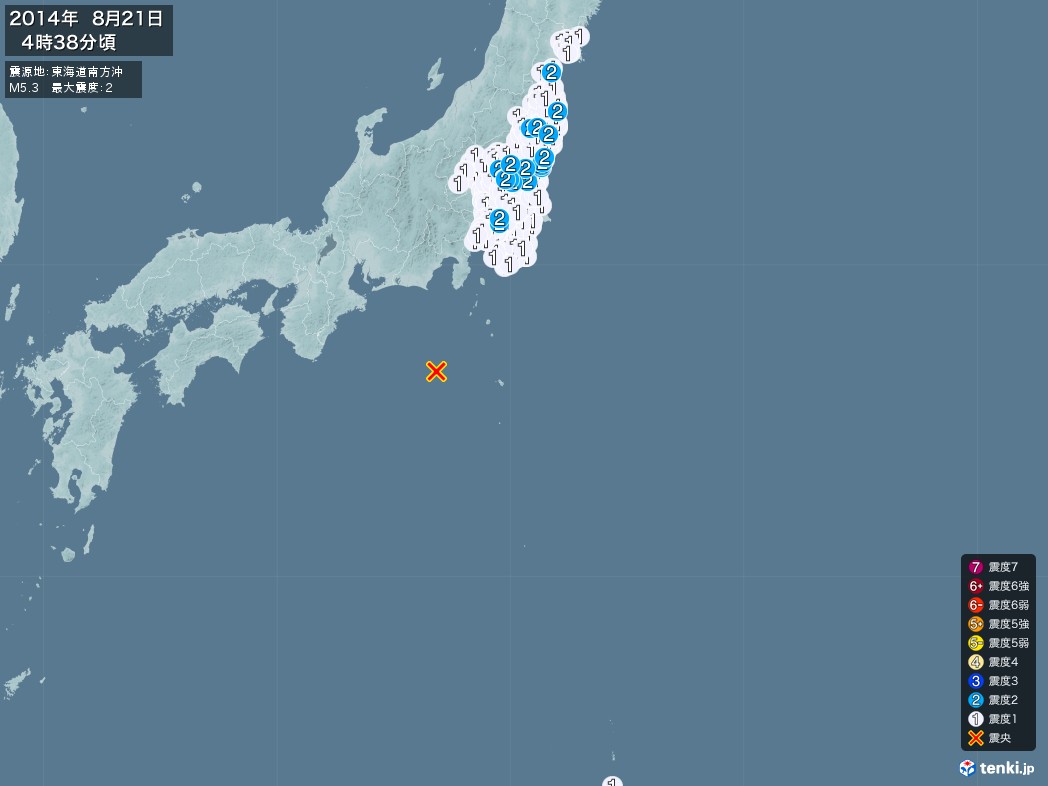地震情報 2014年08月21日 04時38分頃発生 最大震度：2 震源地：東海道南方沖(拡大画像)