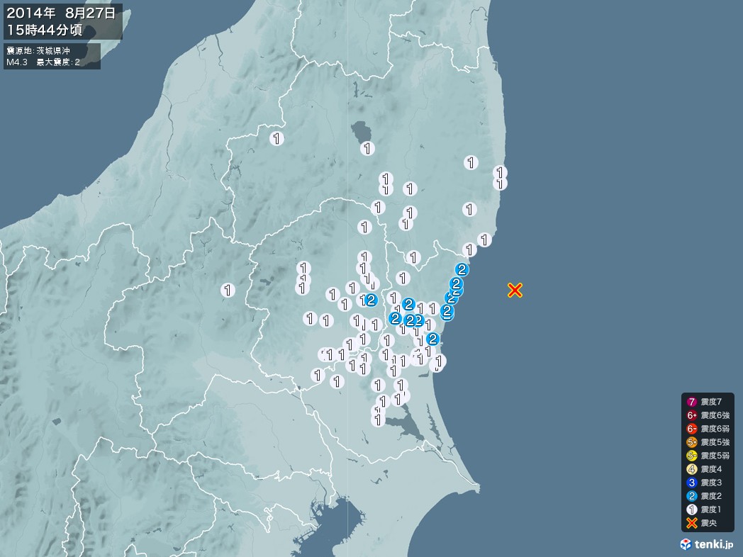 地震情報 2014年08月27日 15時44分頃発生 最大震度：2 震源地：茨城県沖(拡大画像)