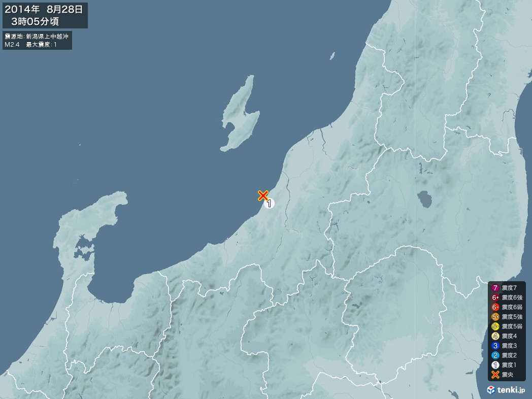 地震情報 2014年08月28日 03時05分頃発生 最大震度：1 震源地：新潟県上中越沖(拡大画像)