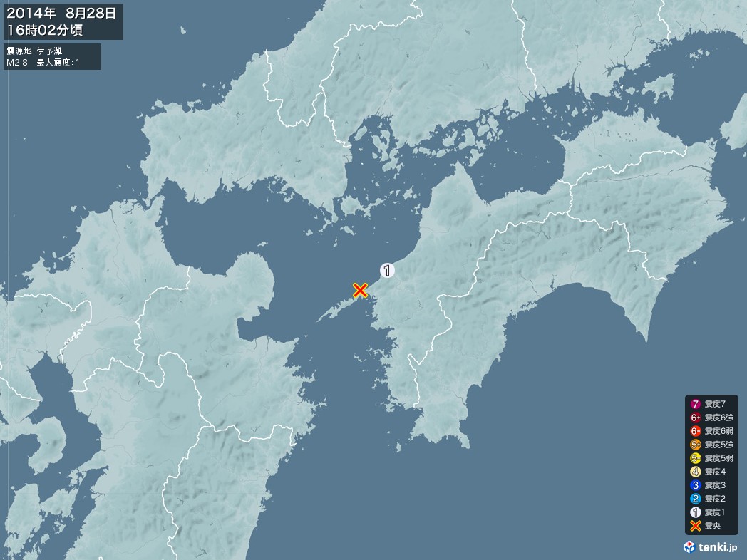 地震情報 2014年08月28日 16時02分頃発生 最大震度：1 震源地：伊予灘(拡大画像)