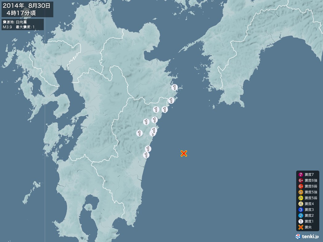 地震情報 2014年08月30日 04時17分頃発生 最大震度：1 震源地：日向灘(拡大画像)