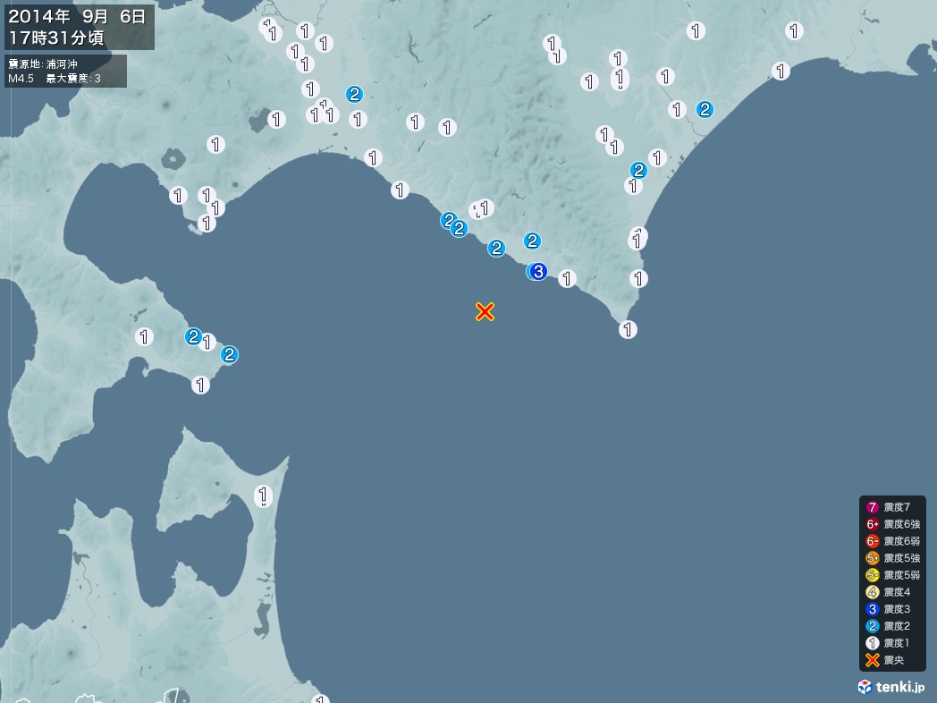 地震情報 2014年09月06日 17時31分頃発生 最大震度：3 震源地：浦河沖(拡大画像)