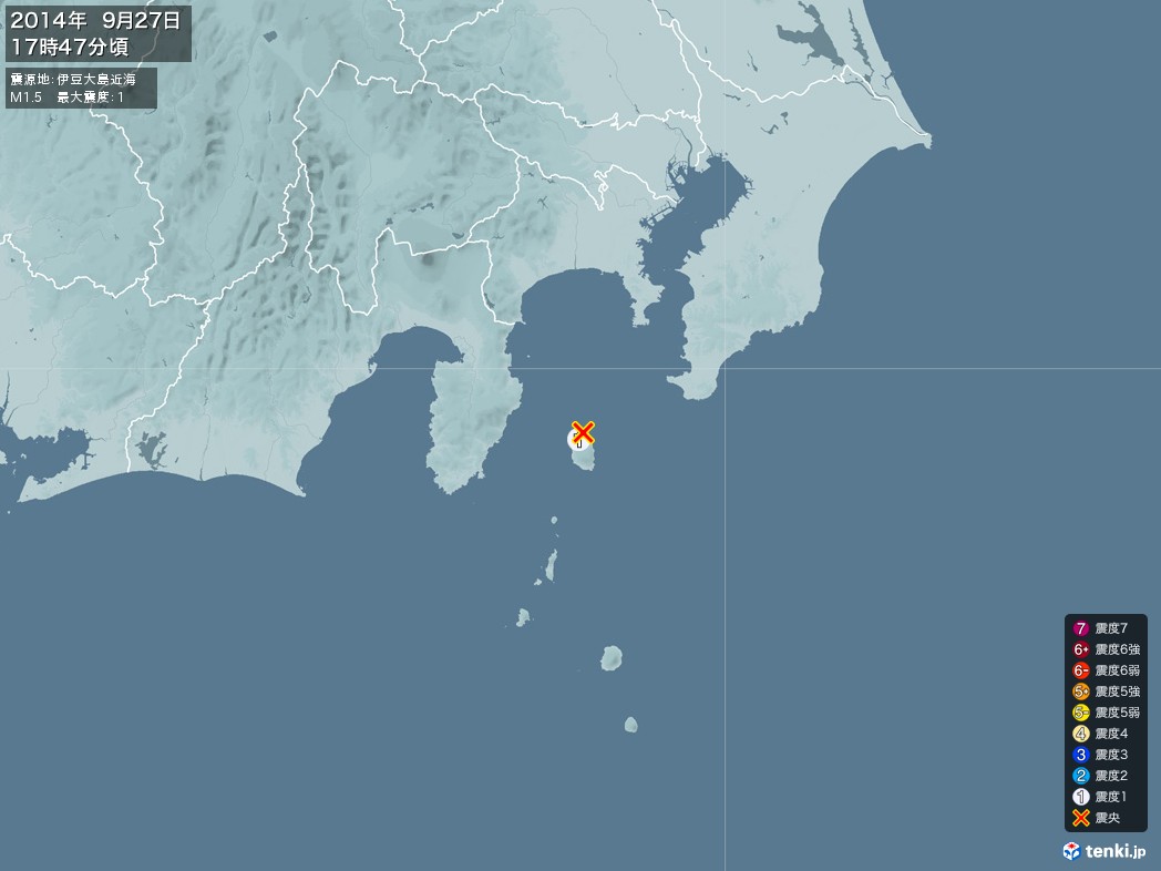 地震情報 2014年09月27日 17時47分頃発生 最大震度：1 震源地：伊豆大島近海(拡大画像)