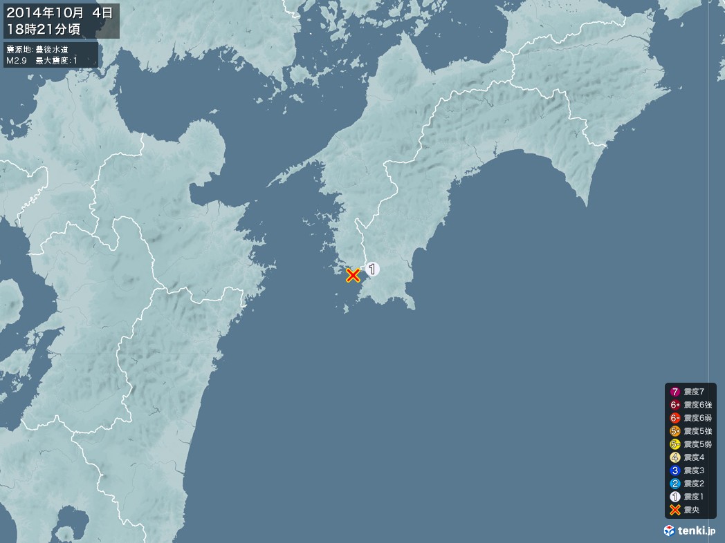 地震情報 2014年10月04日 18時21分頃発生 最大震度：1 震源地：豊後水道(拡大画像)