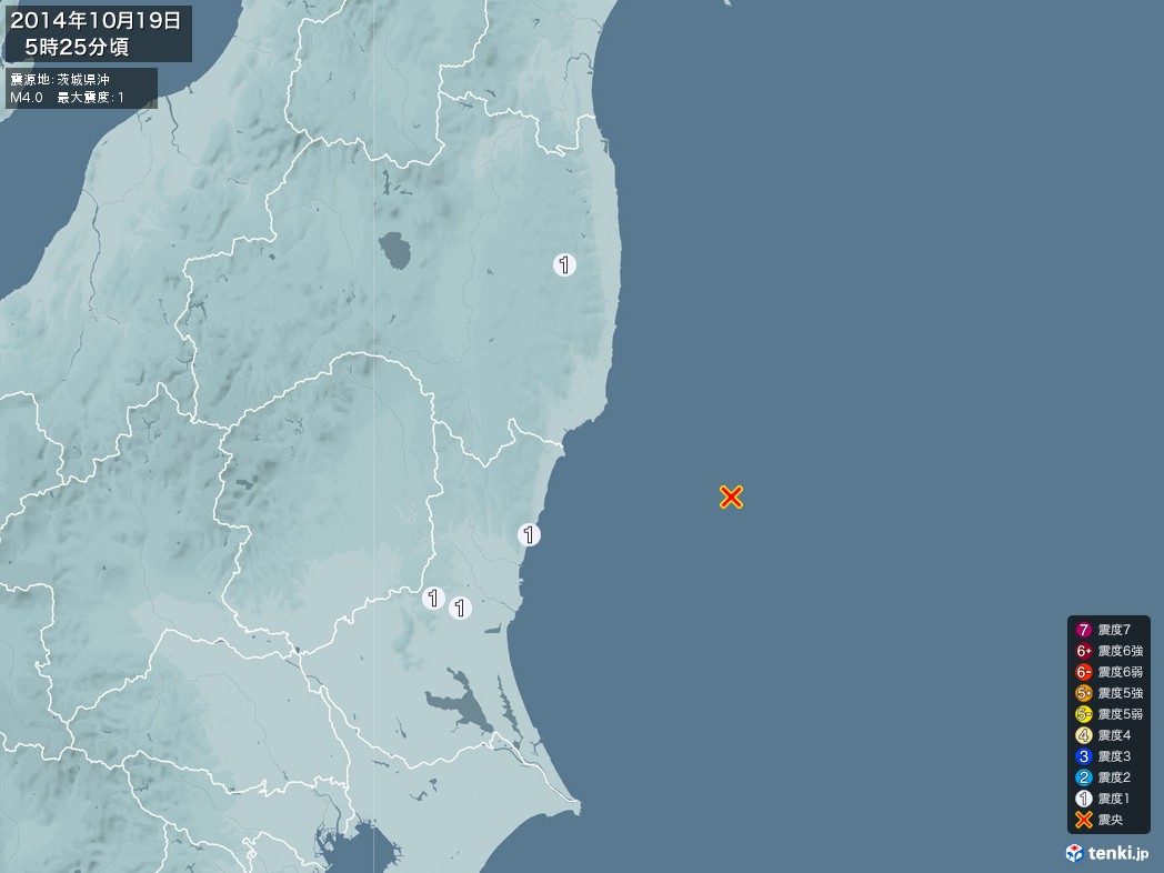 地震情報 2014年10月19日 05時25分頃発生 最大震度：1 震源地：茨城県沖(拡大画像)