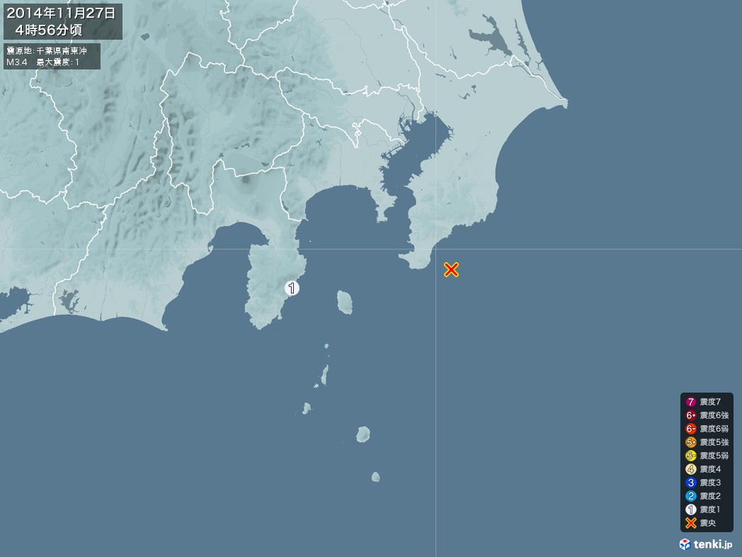 地震情報 2014年11月27日 04時56分頃発生 最大震度：1 震源地：千葉県南東沖(拡大画像)