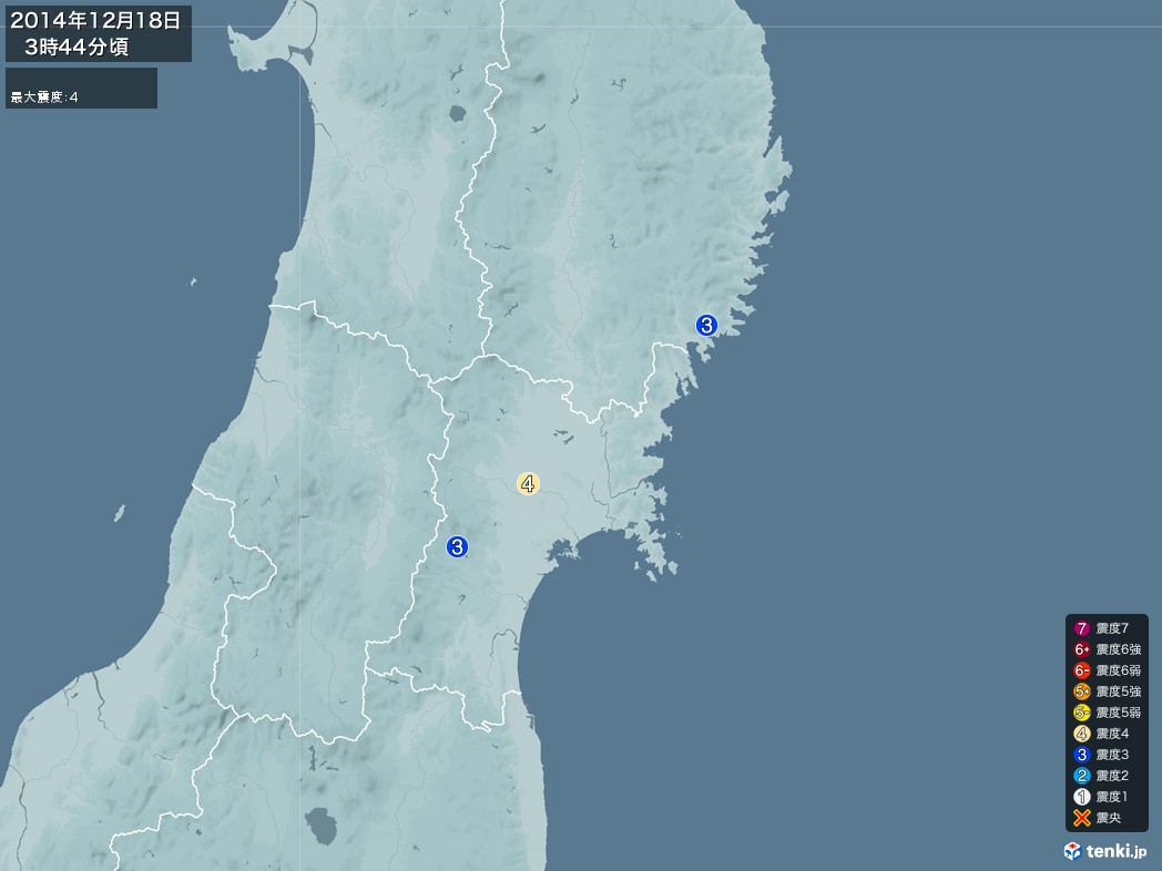 地震情報 2014年12月18日 03時44分頃発生 最大震度：4(拡大画像)