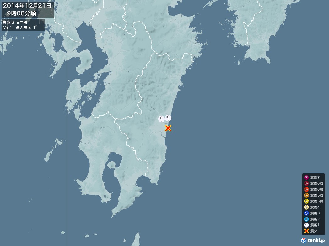 地震情報 2014年12月21日 09時08分頃発生 最大震度：1 震源地：日向灘(拡大画像)