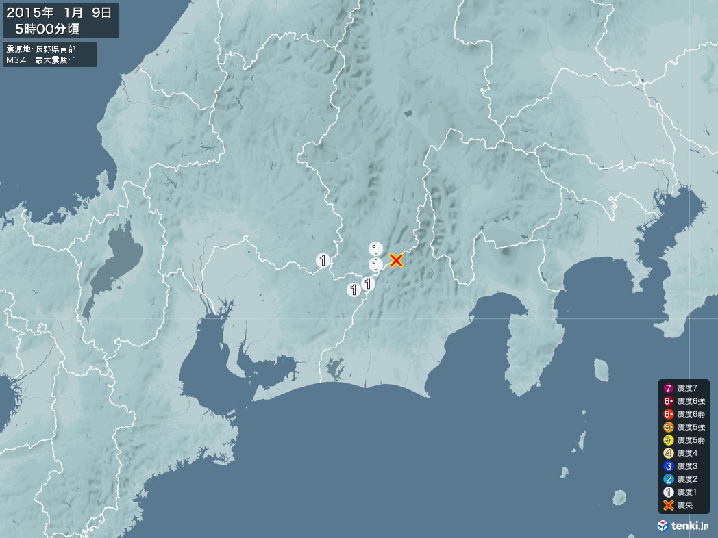 地震情報 2015年01月09日 05時00分頃発生 最大震度：1 震源地：長野県南部(拡大画像)