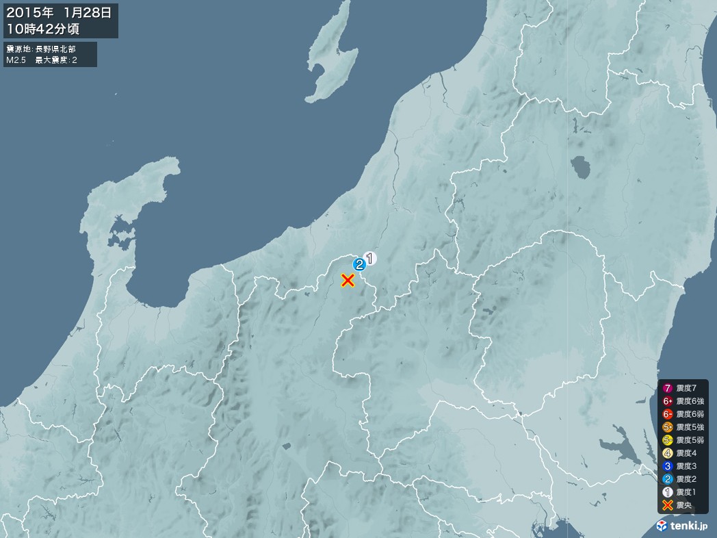 地震情報 2015年01月28日 10時42分頃発生 最大震度：2 震源地：長野県北部(拡大画像)