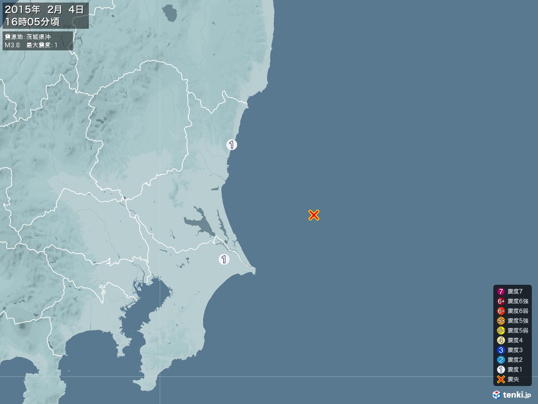 地震情報 2015年02月04日 16時05分頃発生 最大震度：1 震源地：茨城県沖(拡大画像)