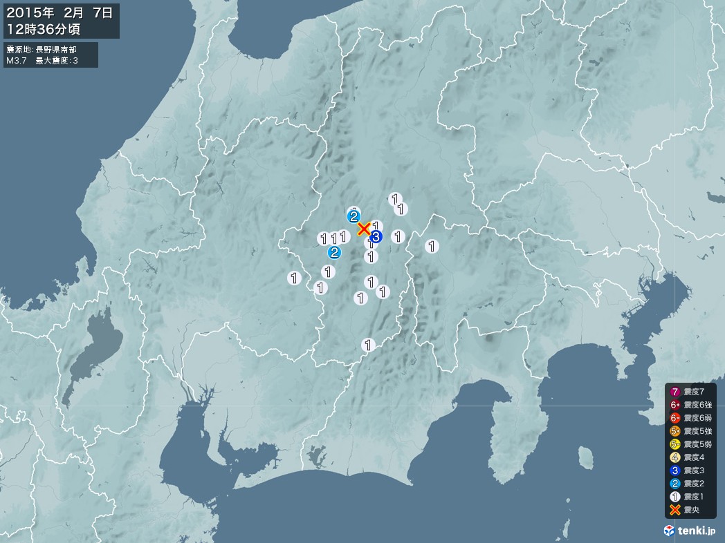 地震情報 2015年02月07日 12時36分頃発生 最大震度：3 震源地：長野県南部(拡大画像)