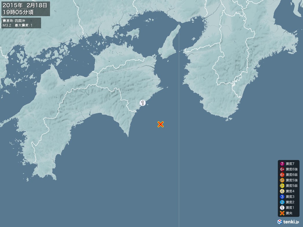 地震情報 2015年02月18日 19時05分頃発生 最大震度：1 震源地：四国沖(拡大画像)