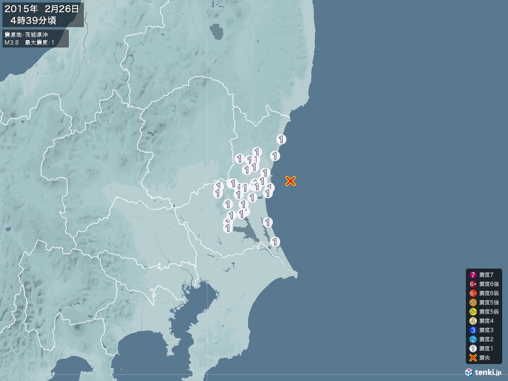 地震情報 2015年02月26日 04時39分頃発生 最大震度：1 震源地：茨城県沖(拡大画像)
