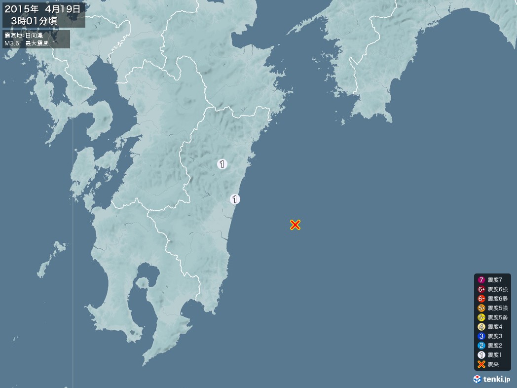 地震情報 2015年04月19日 03時01分頃発生 最大震度：1 震源地：日向灘(拡大画像)