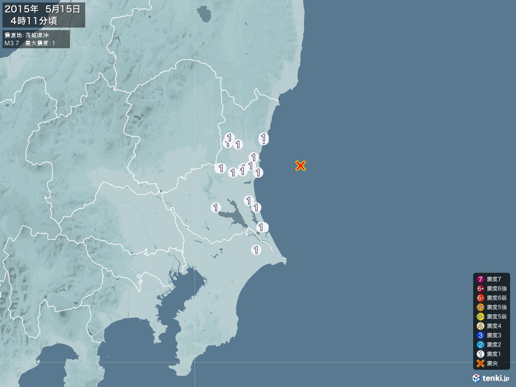 地震情報 2015年05月15日 04時11分頃発生 最大震度：1 震源地：茨城県沖(拡大画像)