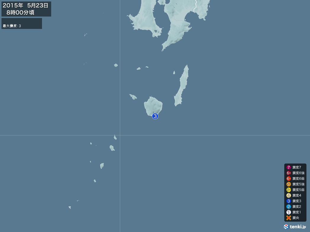 地震情報 2015年05月23日 08時00分頃発生 最大震度：3(拡大画像)