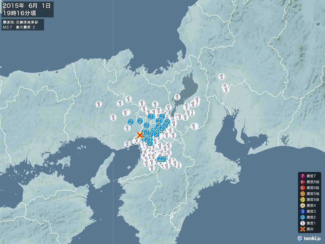 地震情報 2015年06月01日 19時16分頃発生 最大震度：2 震源地：兵庫県南東部(拡大画像)