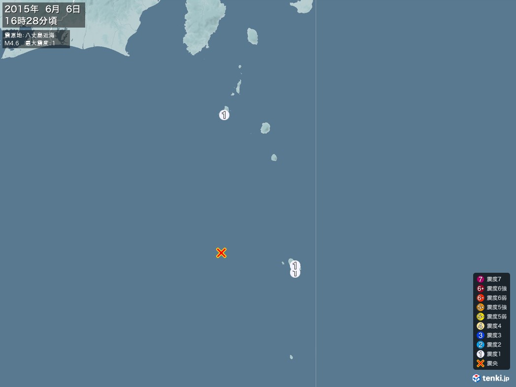 地震情報 2015年06月06日 16時28分頃発生 最大震度：1 震源地：八丈島近海(拡大画像)