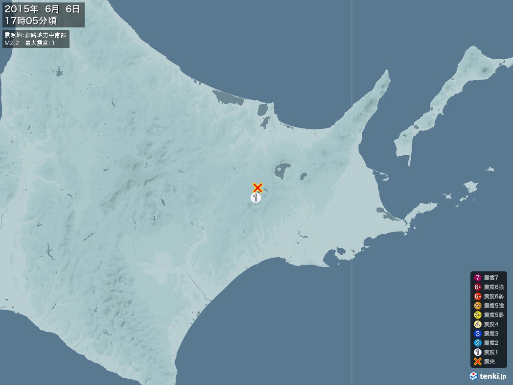 地震情報 2015年06月06日 17時05分頃発生 最大震度：1 震源地：釧路地方中南部(拡大画像)