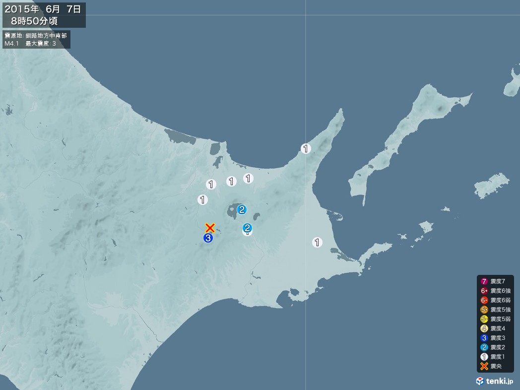 地震情報 2015年06月07日 08時50分頃発生 最大震度：3 震源地：釧路地方中南部(拡大画像)