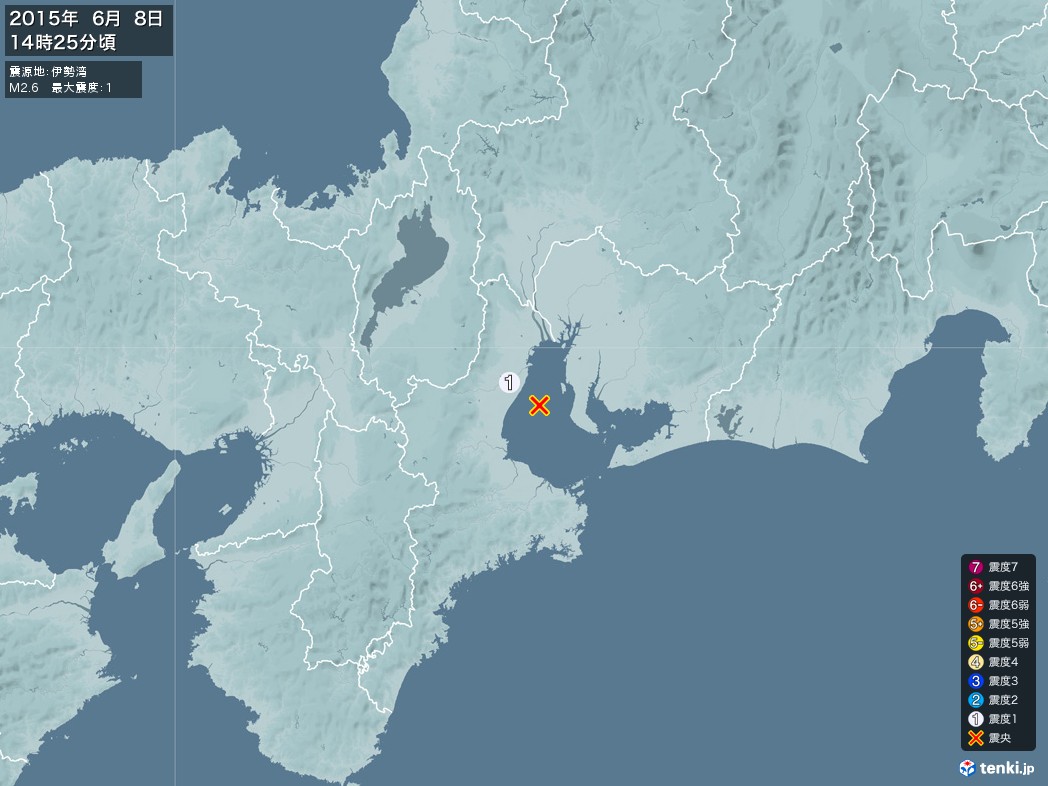 地震情報 2015年06月08日 14時25分頃発生 最大震度：1 震源地：伊勢湾(拡大画像)