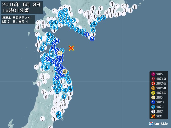 地震情報(2015年06月08日15時01分発生)