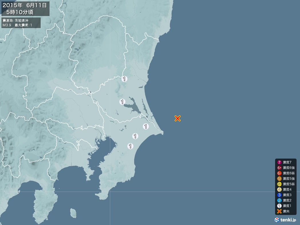 地震情報 2015年06月11日 05時10分頃発生 最大震度：1 震源地：茨城県沖(拡大画像)