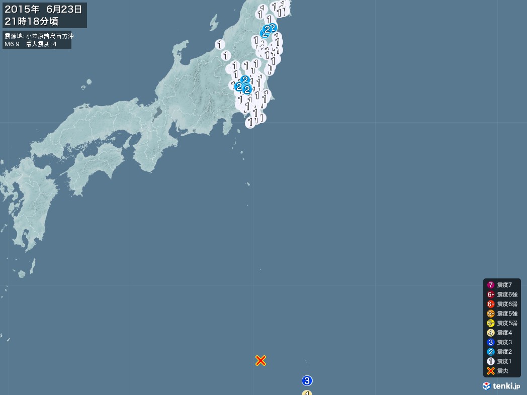 地震情報 2015年06月23日 21時18分頃発生 最大震度：4 震源地：小笠原諸島西方沖(拡大画像)