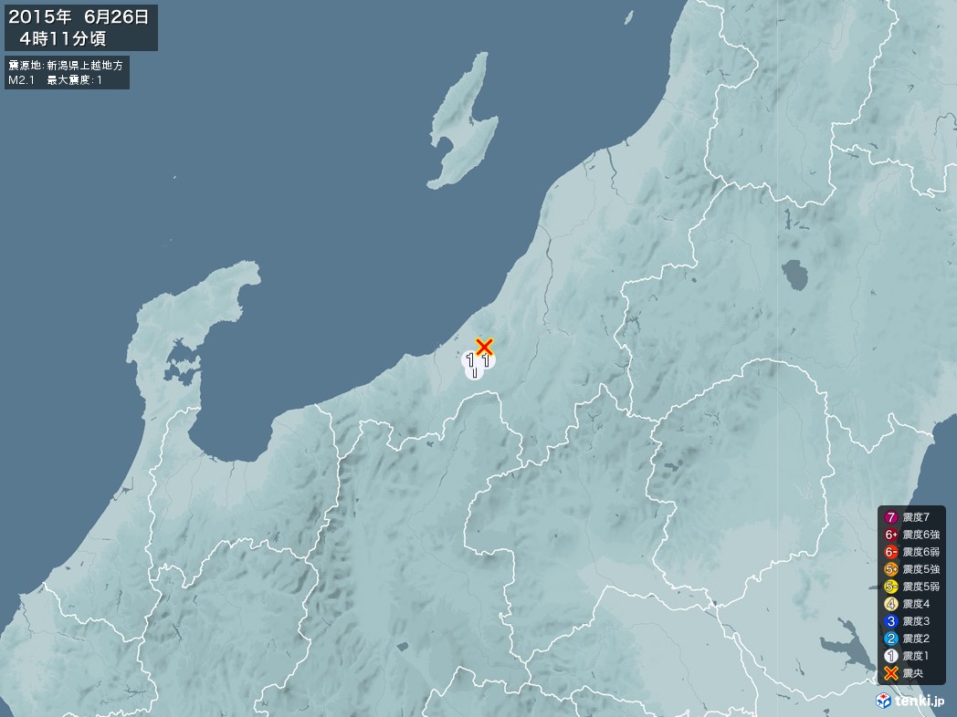 地震情報 2015年06月26日 04時11分頃発生 最大震度：1 震源地：新潟県上越地方(拡大画像)
