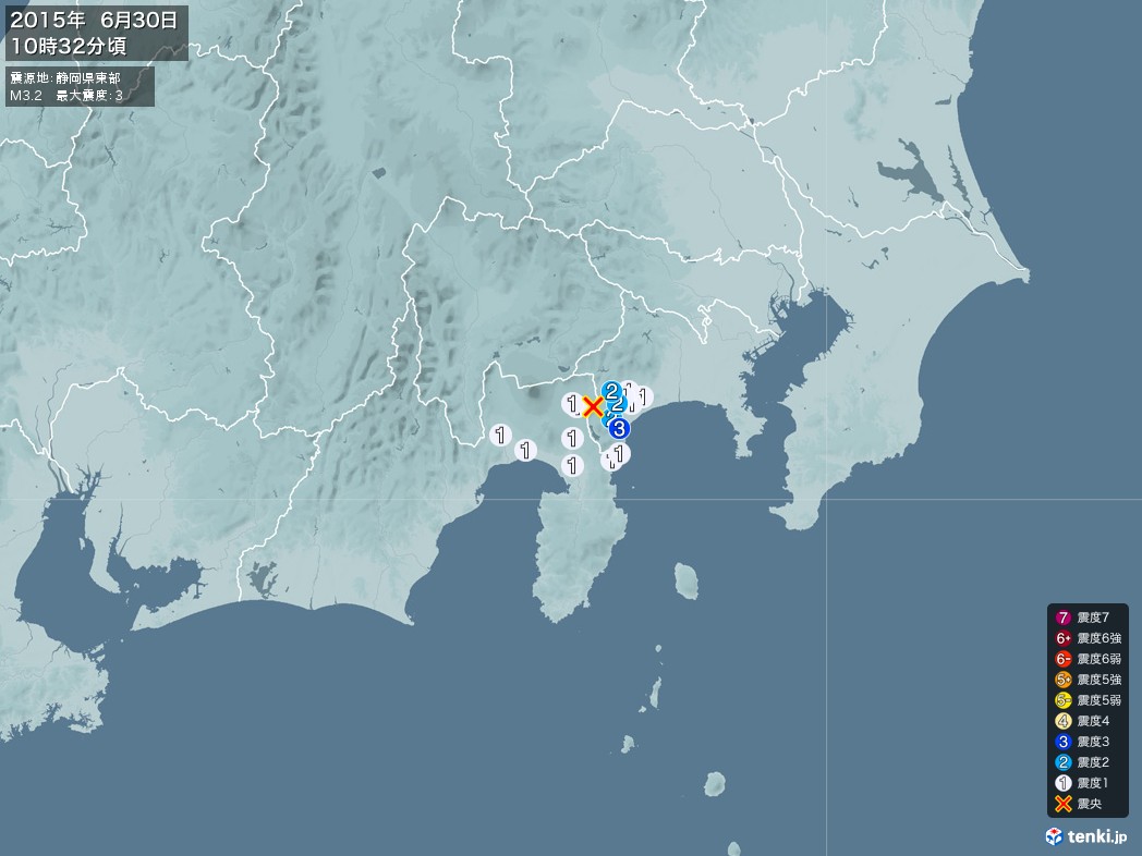 地震情報 2015年06月30日 10時32分頃発生 最大震度：3 震源地：静岡県東部(拡大画像)
