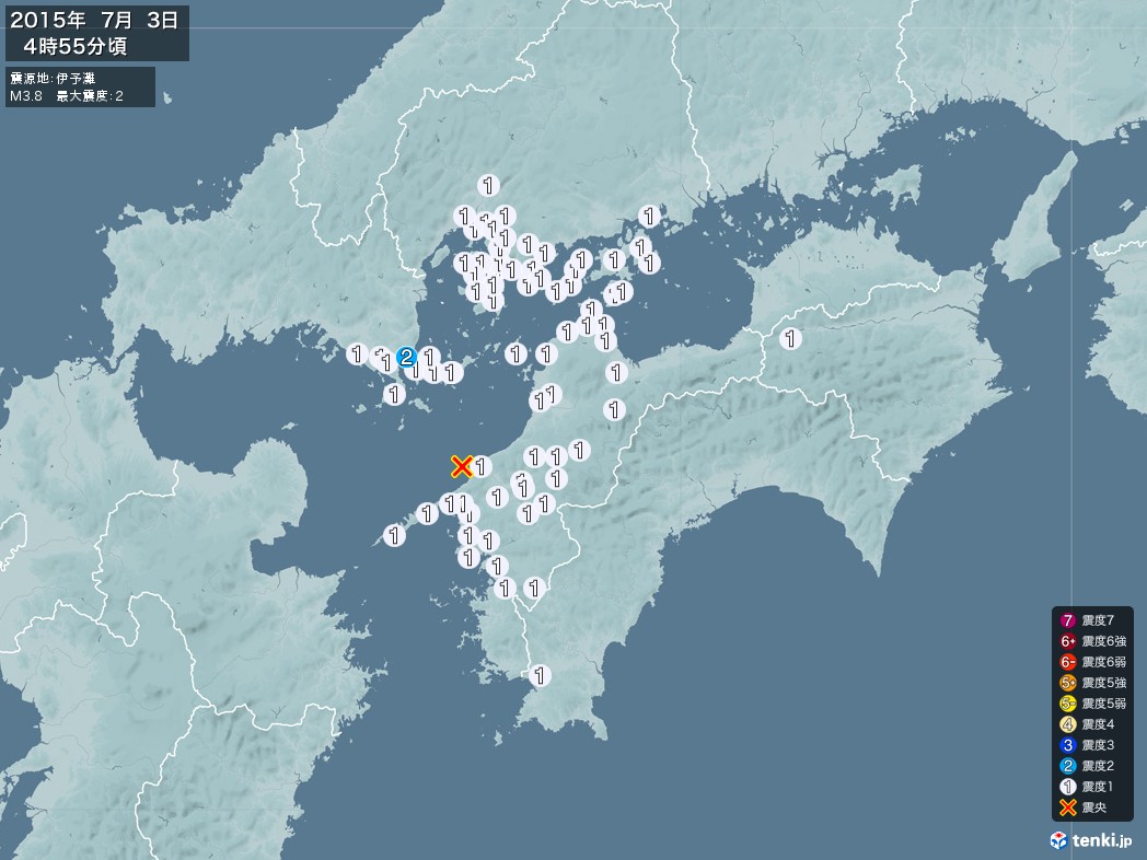 地震情報 2015年07月03日 04時55分頃発生 最大震度：2 震源地：伊予灘(拡大画像)