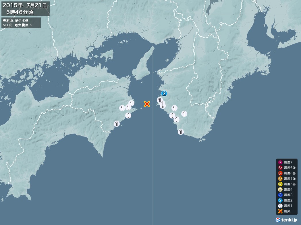 地震情報 2015年07月21日 05時46分頃発生 最大震度：2 震源地：紀伊水道(拡大画像)