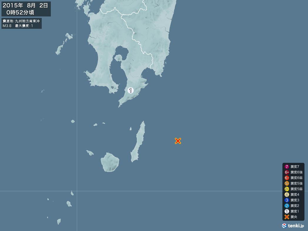 地震情報 2015年08月02日 00時52分頃発生 最大震度：1 震源地：九州地方南東沖(拡大画像)