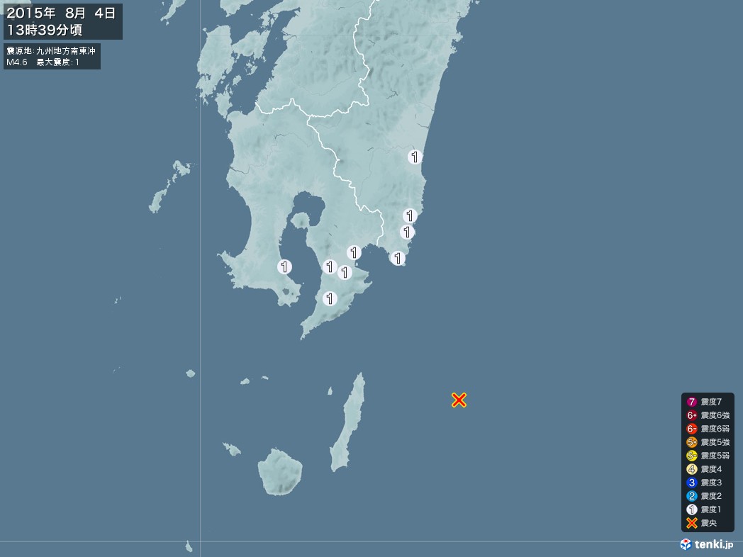 地震情報 2015年08月04日 13時39分頃発生 最大震度：1 震源地：九州地方南東沖(拡大画像)