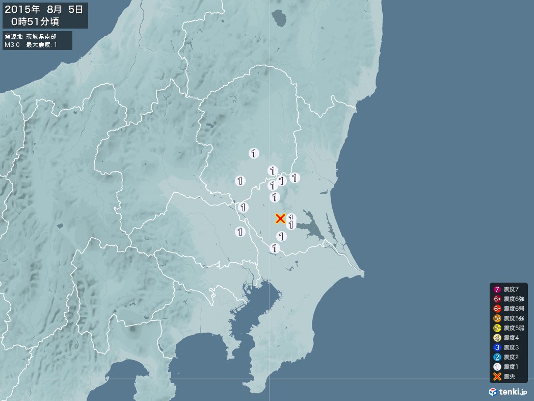 地震情報 2015年08月05日 00時51分頃発生 最大震度：1 震源地：茨城県南部(拡大画像)