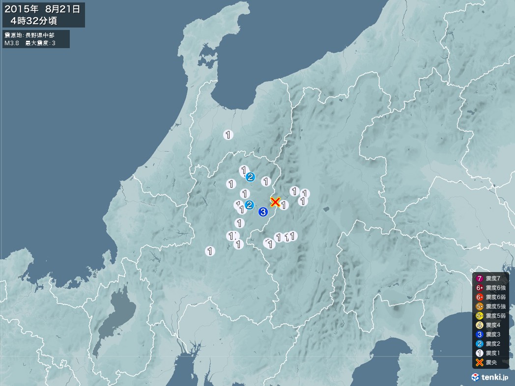 地震情報 2015年08月21日 04時32分頃発生 最大震度：3 震源地：長野県中部(拡大画像)