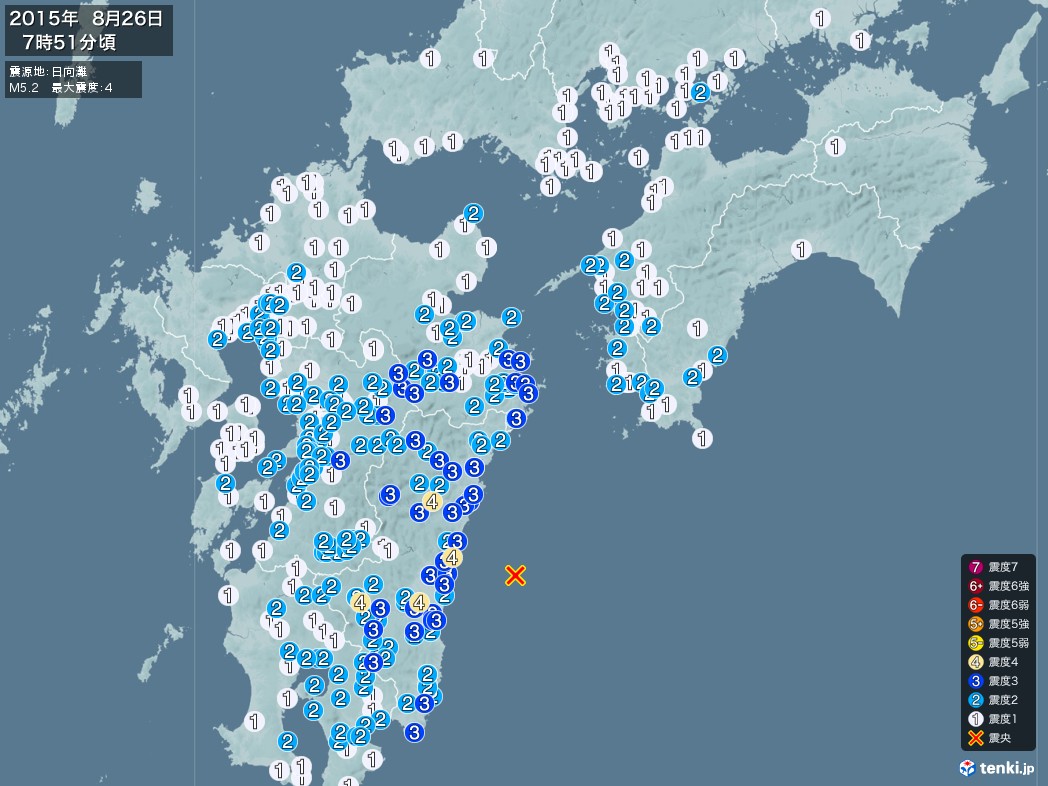 地震情報 2015年08月26日 07時51分頃発生 最大震度：4 震源地：日向灘(拡大画像)