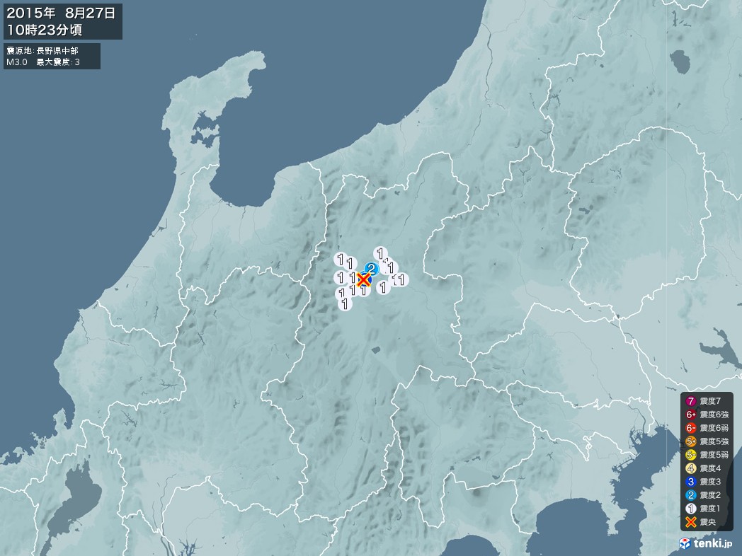 地震情報 2015年08月27日 10時23分頃発生 最大震度：3 震源地：長野県中部(拡大画像)