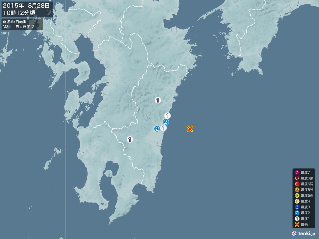 地震情報 2015年08月28日 10時12分頃発生 最大震度：2 震源地：日向灘(拡大画像)