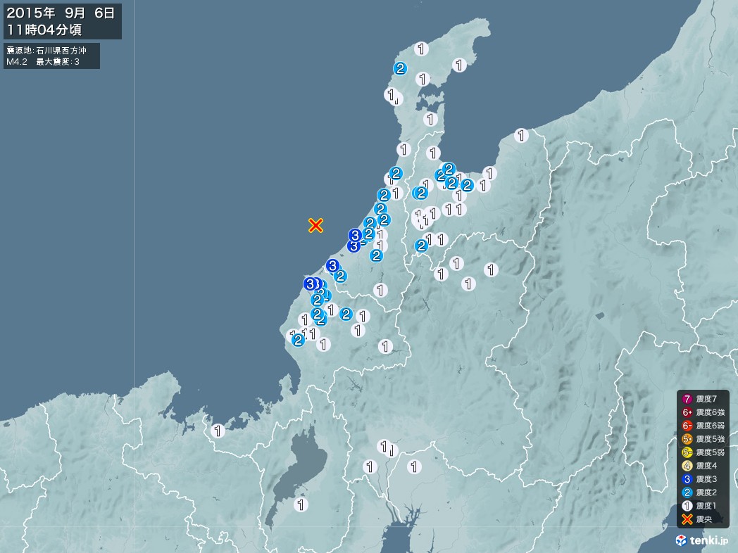 地震情報 2015年09月06日 11時04分頃発生 最大震度：3 震源地：石川県西方沖(拡大画像)