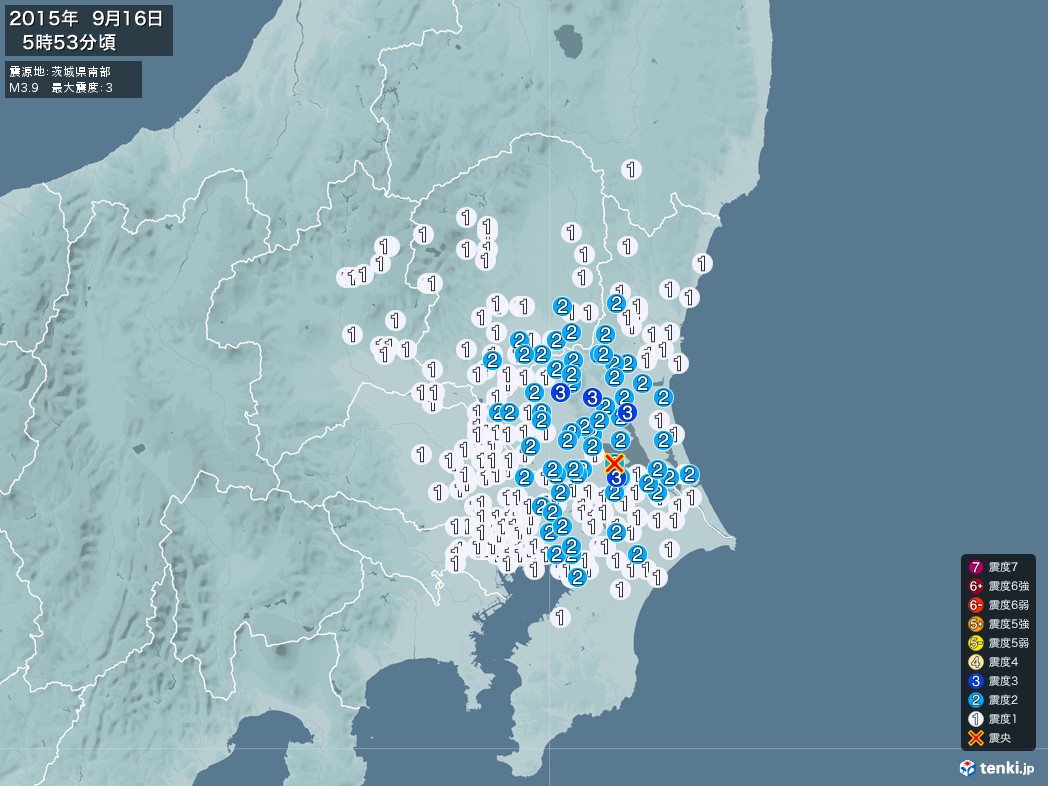 地震情報 2015年09月16日 05時53分頃発生 最大震度：3 震源地：茨城県南部(拡大画像)