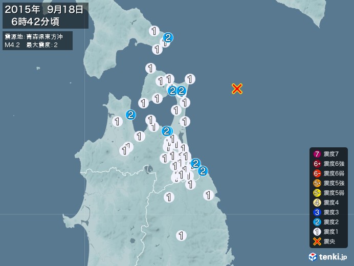 地震情報(2015年09月18日06時42分発生)