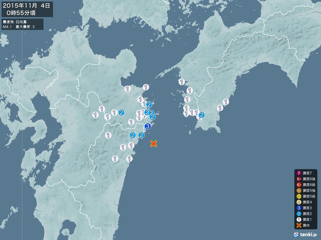 地震情報 2015年11月04日 00時55分頃発生 最大震度：3 震源地：日向灘(拡大画像)