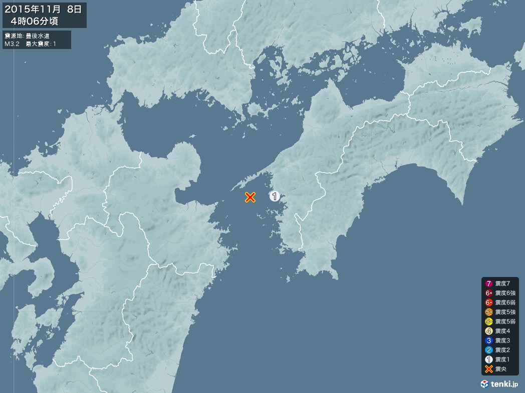 地震情報 2015年11月08日 04時06分頃発生 最大震度：1 震源地：豊後水道(拡大画像)