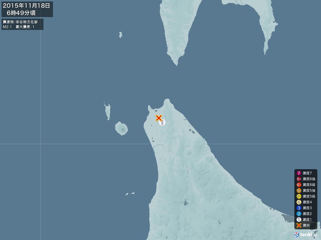 地震情報 2015年11月18日 06時49分頃発生 最大震度：1 震源地：宗谷地方北部(拡大画像)