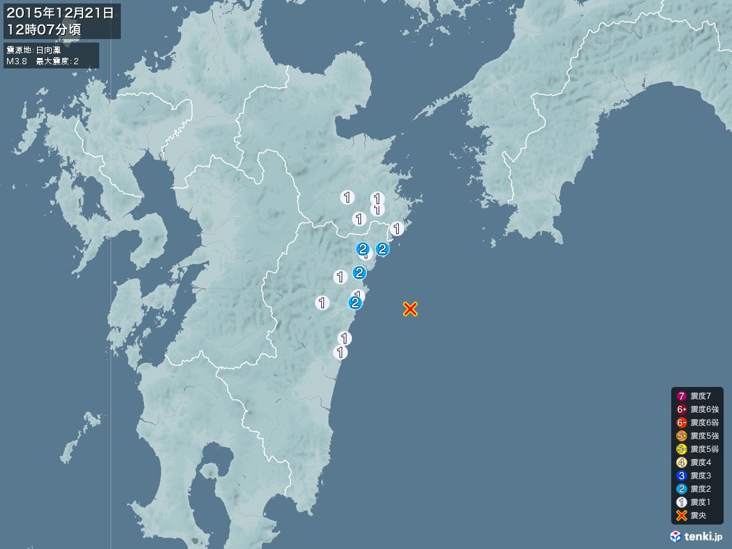 地震情報 2015年12月21日 12時07分頃発生 最大震度：2 震源地：日向灘(拡大画像)