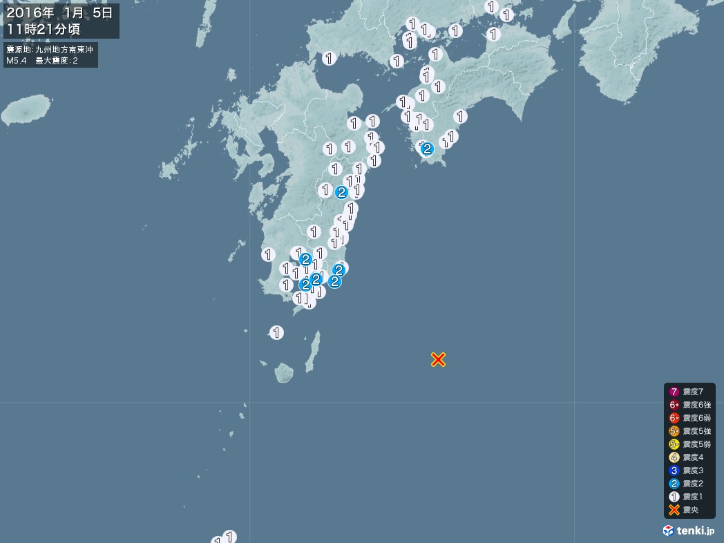 地震情報 2016年01月05日 11時21分頃発生 最大震度：2 震源地：九州地方南東沖(拡大画像)